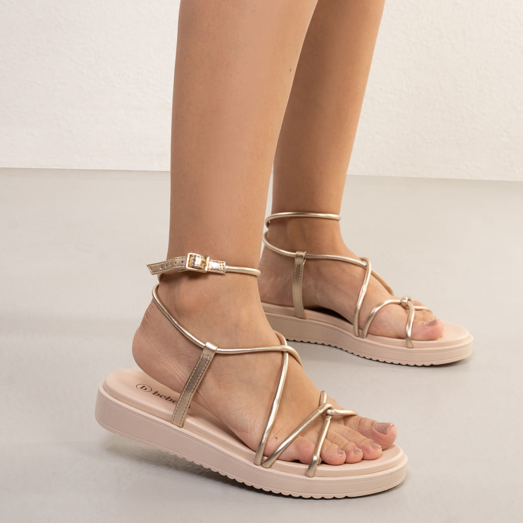 Sandália Feminina Anabela Tiras Fecho Bebece Dourada Paquetá