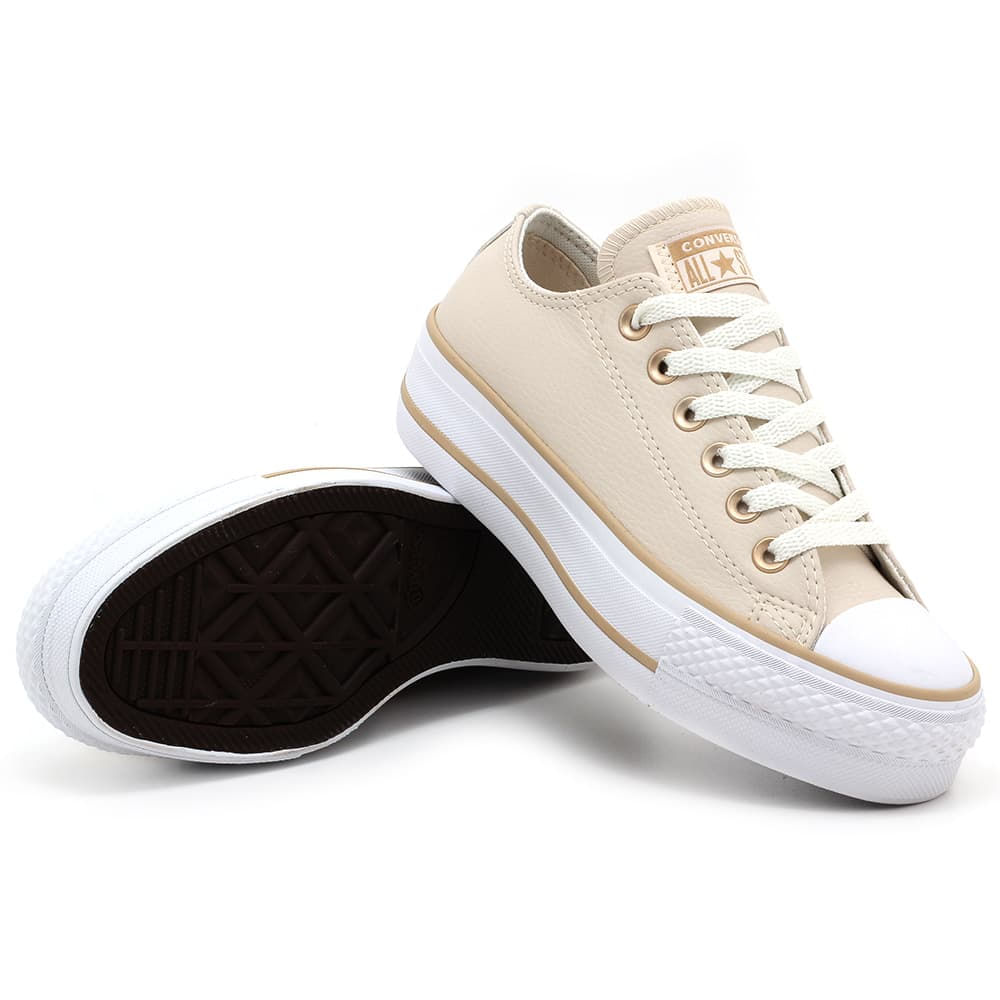 Tênis Converse Chuck Taylor Lift Plataforma Feminino bege, imagem destacando benefícios do modelo.