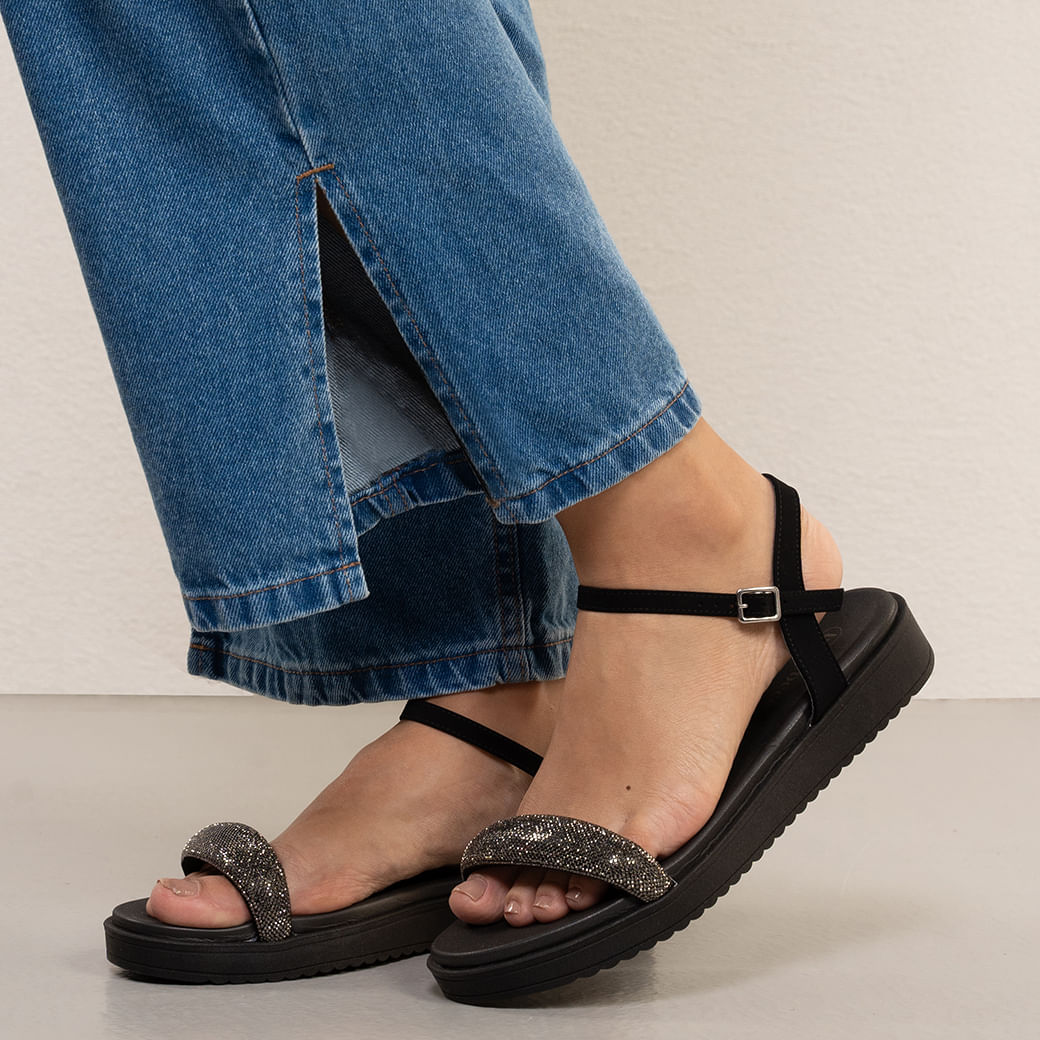 Sandália Feminina Flatform Tira Brilho Bebece Preto Oscar