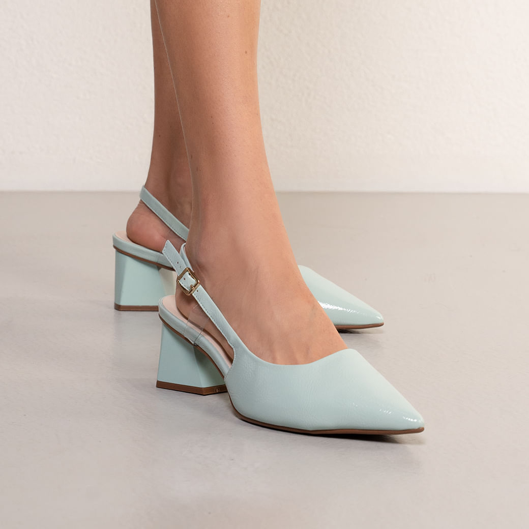 Sapato Feminino Salto Bloco Fivela Bebece Azul Claro Oscar