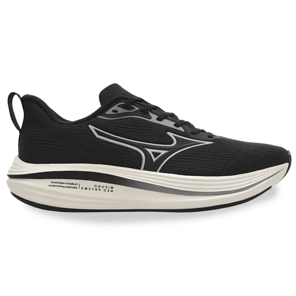 Tênis de corrida masculino Mizuno Neo Pryzma preto com detalhes em branco e cinza