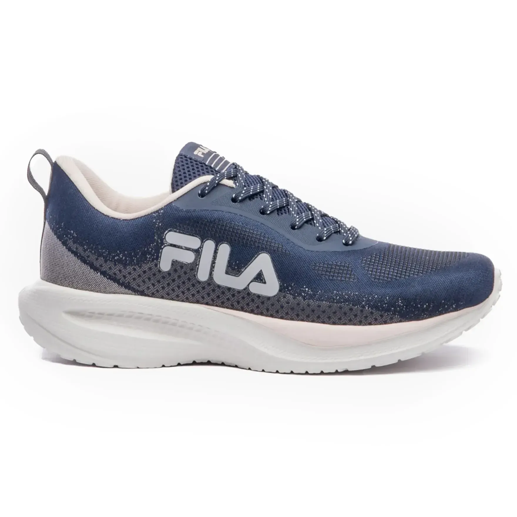 Tênis Fila Efecto 2 Feminino Marinho visto de frente, com detalhes em azul marinho, cinza e branco, logo FILA na lateral e cadarço como fechamento.