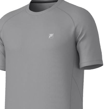 Vista lateral da camiseta masculina FILA cinza médio com gola redonda e manga curta