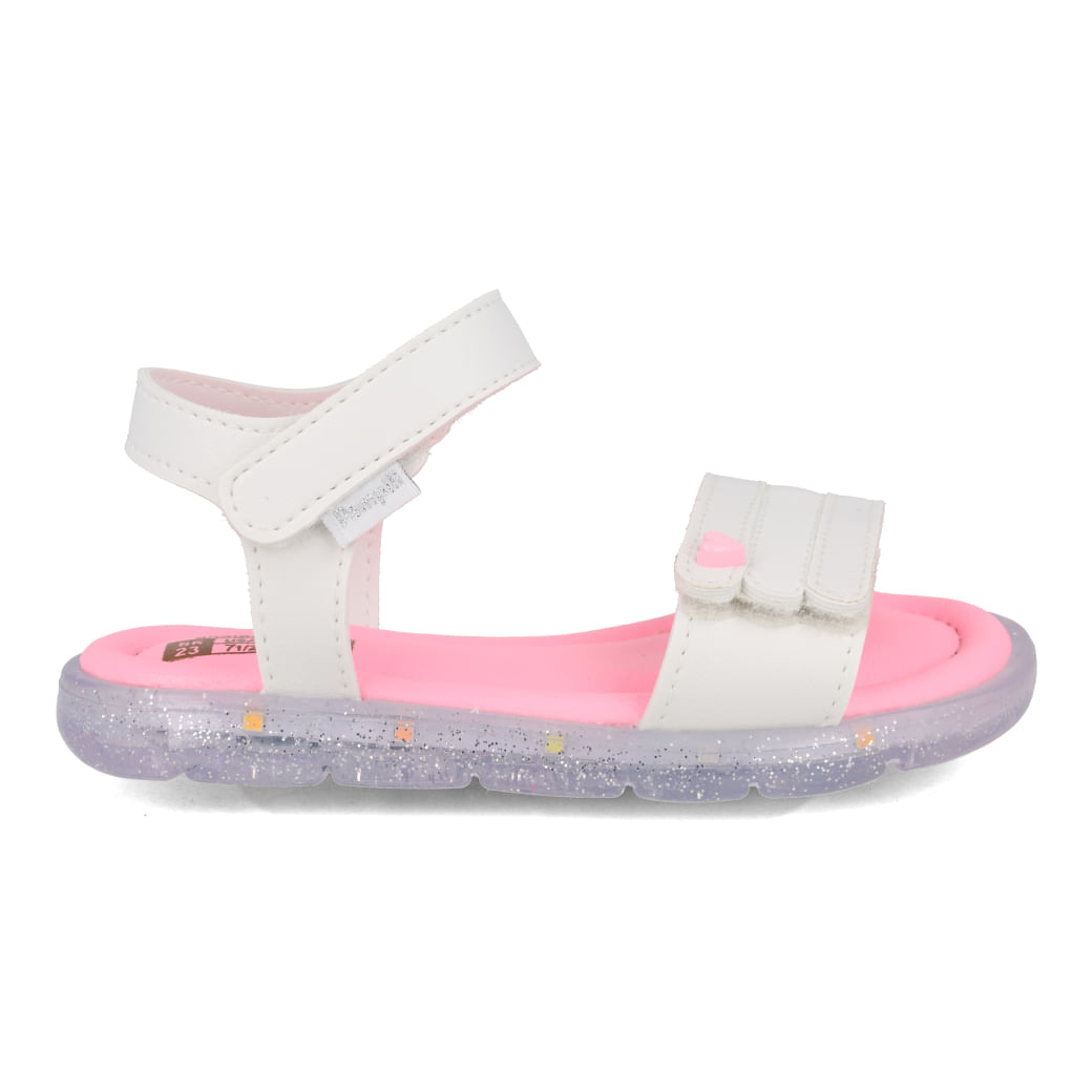 Sandália infantil feminina Pampili branco e rosa neon com glitter e coração brilhante