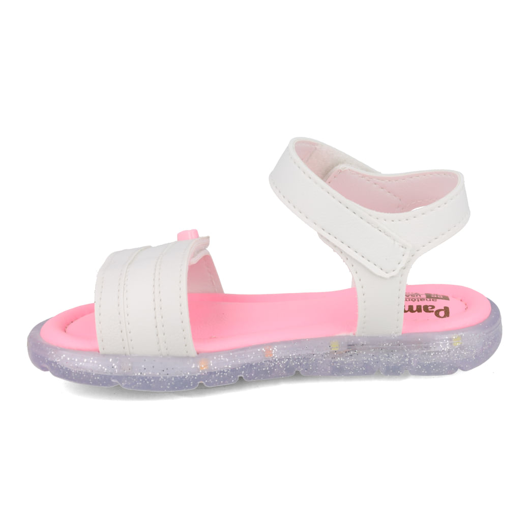 Vista lateral da sandália infantil Pampili branco e rosa neon com fechamento em velcro