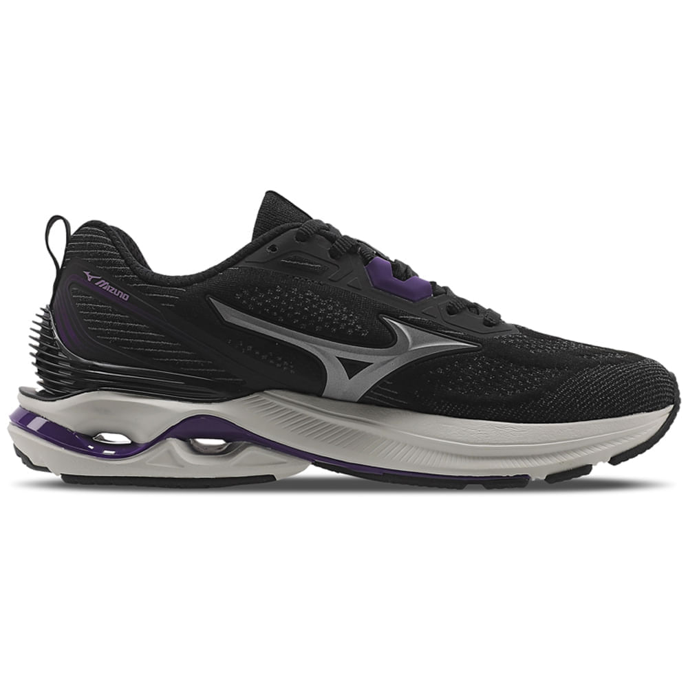 Tênis Mizuno Wave Dynasty 7 feminino preto com detalhes em roxo, vista lateral