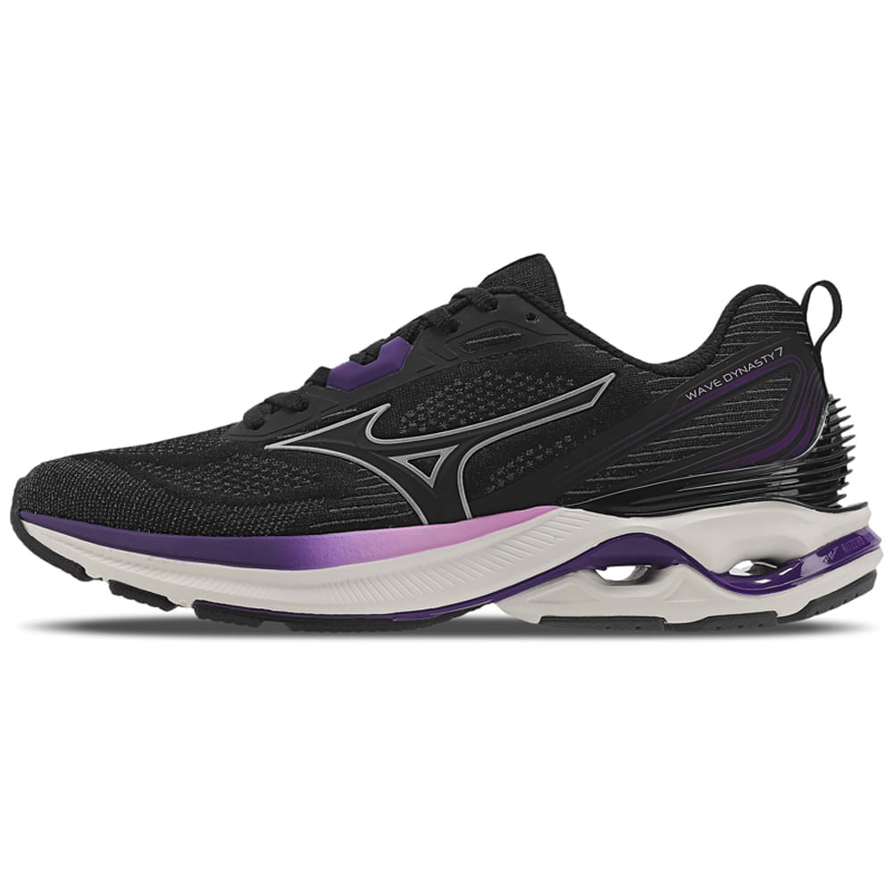 Tênis Mizuno Wave Dynasty 7 feminino preto com detalhes em roxo, vista traseira