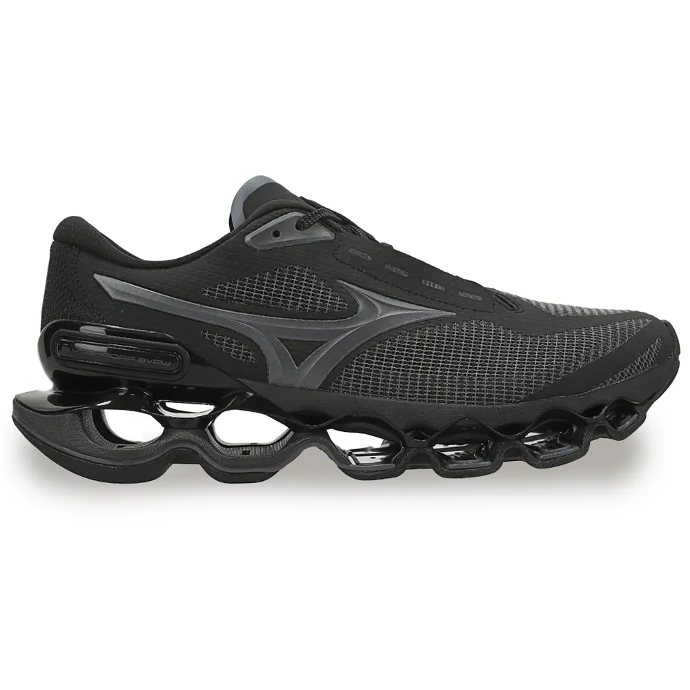 Tênis esportivo Mizuno Prophecy 15 Masculino Preto mostrando lado direito em ângulo frontal