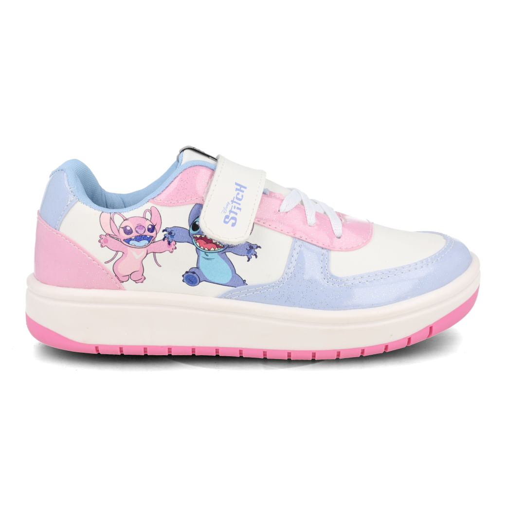 Tênis infantil feminino branco com detalhes azul e estampa do personagem Stitch