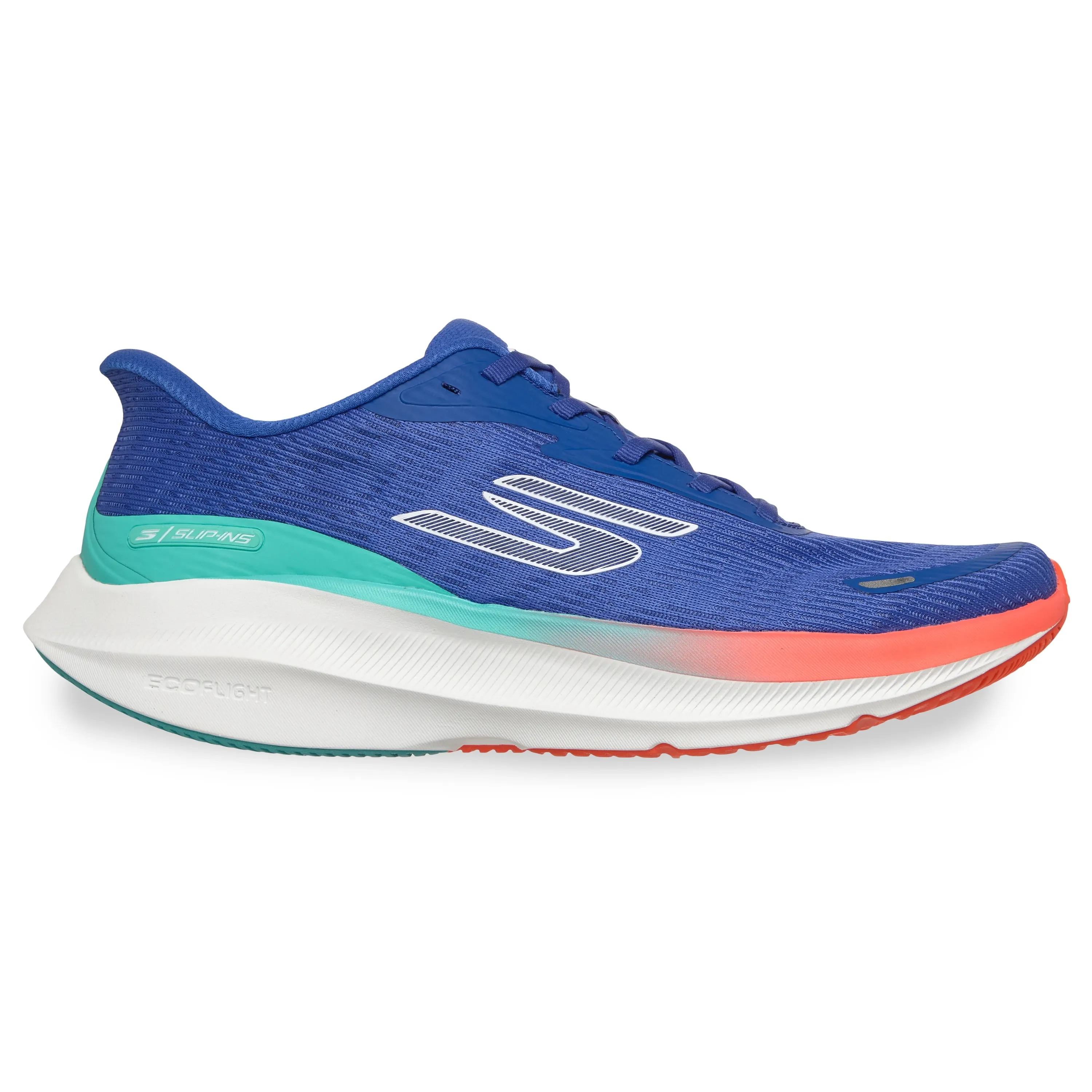 Tênis de corrida masculino Skechers azul com detalhes em laranja e branco, mostrando o logo da marca e tecnologia Arch Fit