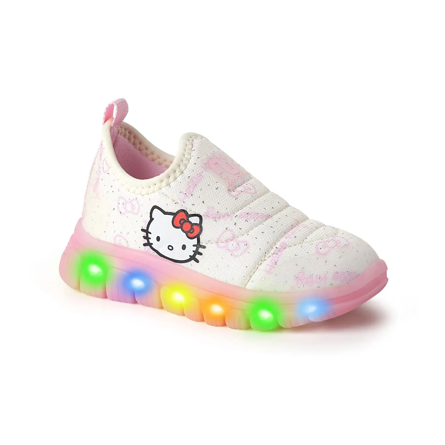 Tênis infantil feminino Novopé Hello K rosa com luzes LED na sola, visto de frente