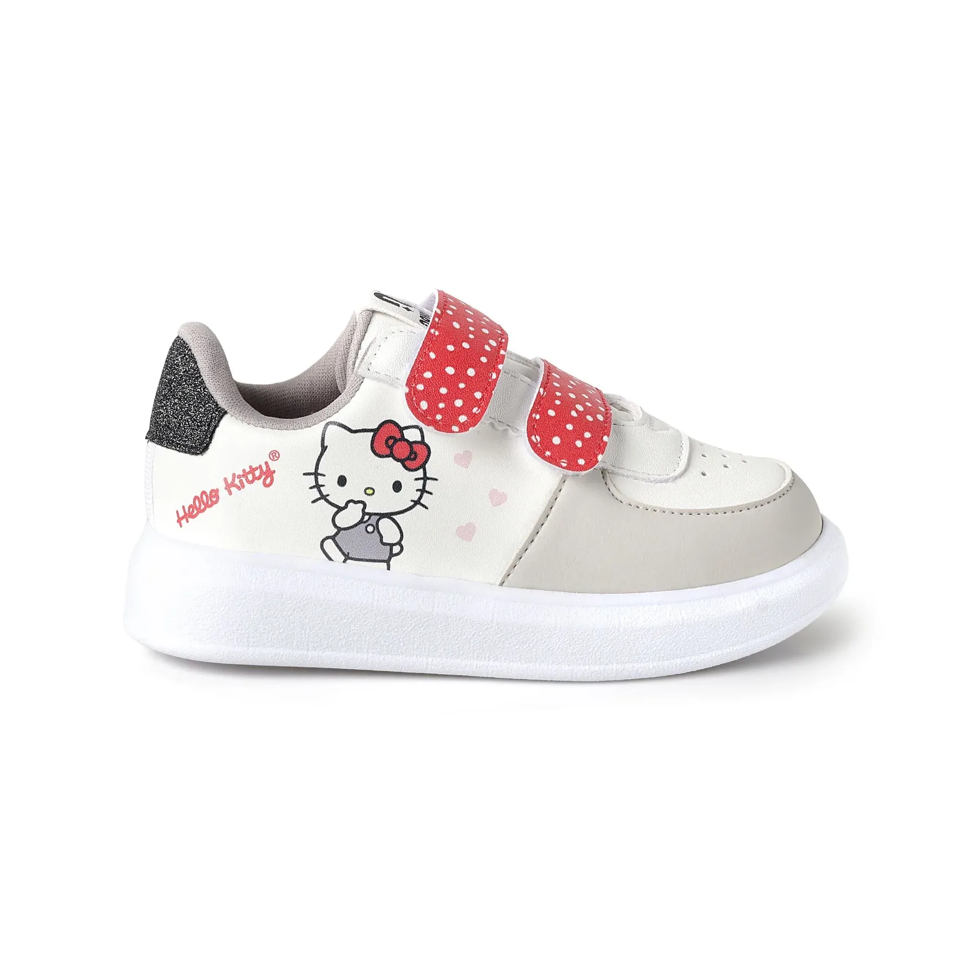 Tênis infantil feminino Novopé branco com estampa Hello Kitty e detalhes em vermelho e cinza