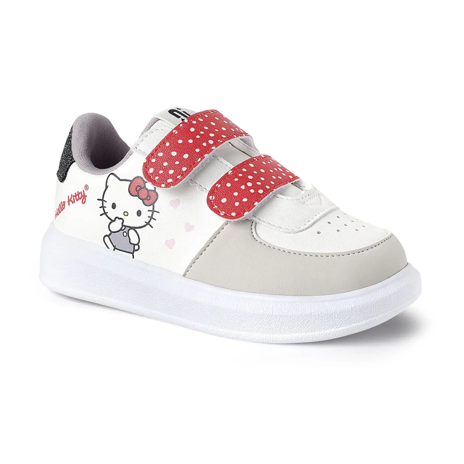 Tênis infantil Novopé branco com estampa Hello Kitty visto de lado mostrando detalhes do fechamento