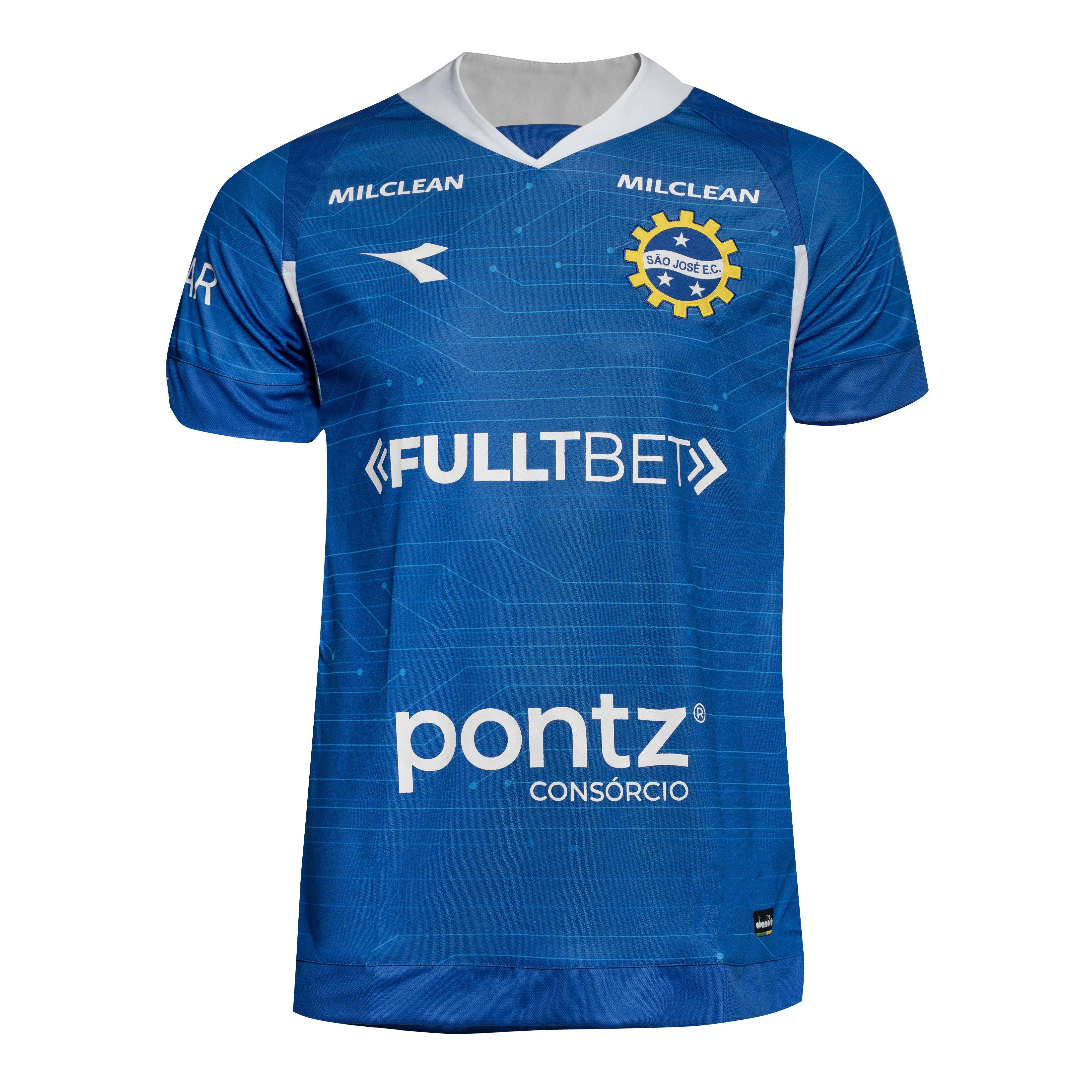 Camisa masculina azul São José EC com número 10 nas costas e detalhes em branco e amarelo