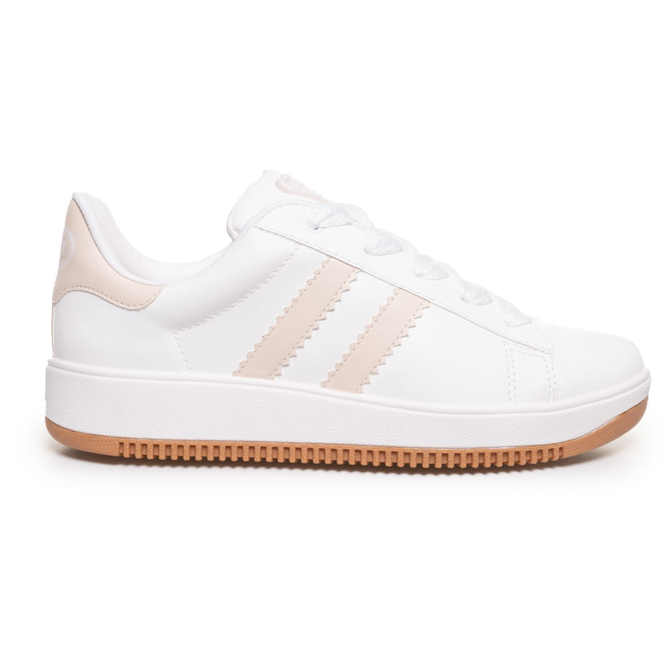 Tênis Casual Feminino Quiz Branco vista frontal com detalhes em listras bege