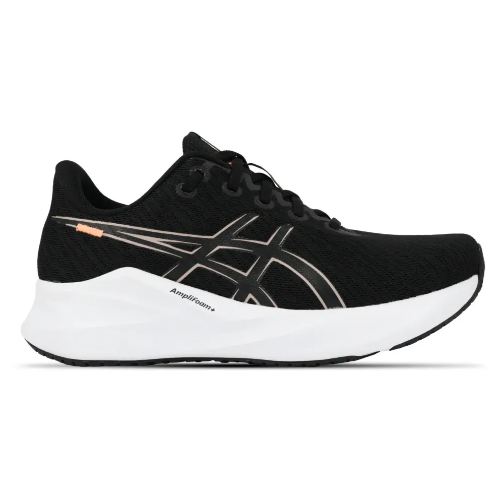 Tênis de corrida feminino Asics Versablast 4 preto com detalhes cinza e branco, design moderno e sola branca