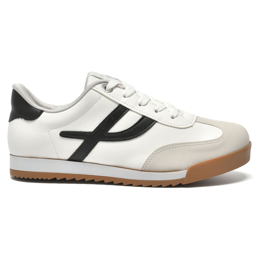 Tênis casual feminino branco com detalhes pretos e sola marrom visto de frente