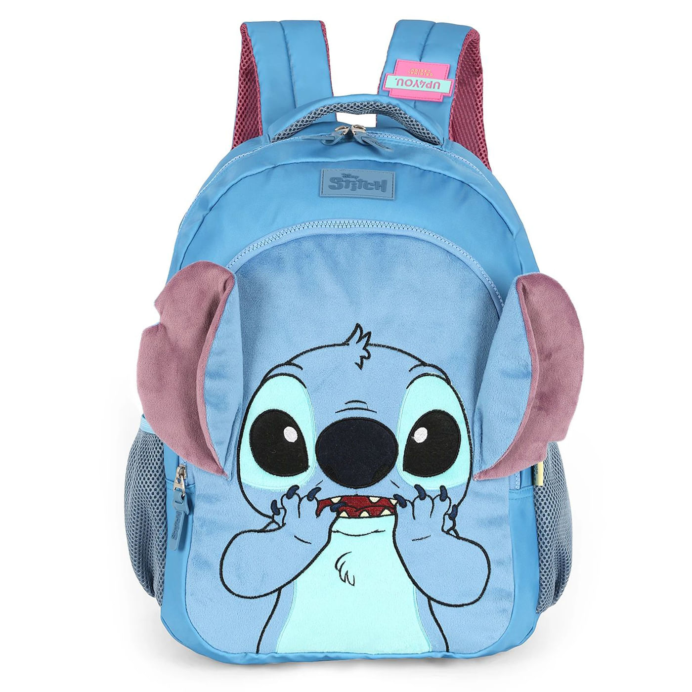 Mochila infantil azul com estampa do Stitch, alças acolchoadas e bolso frontal com zíper