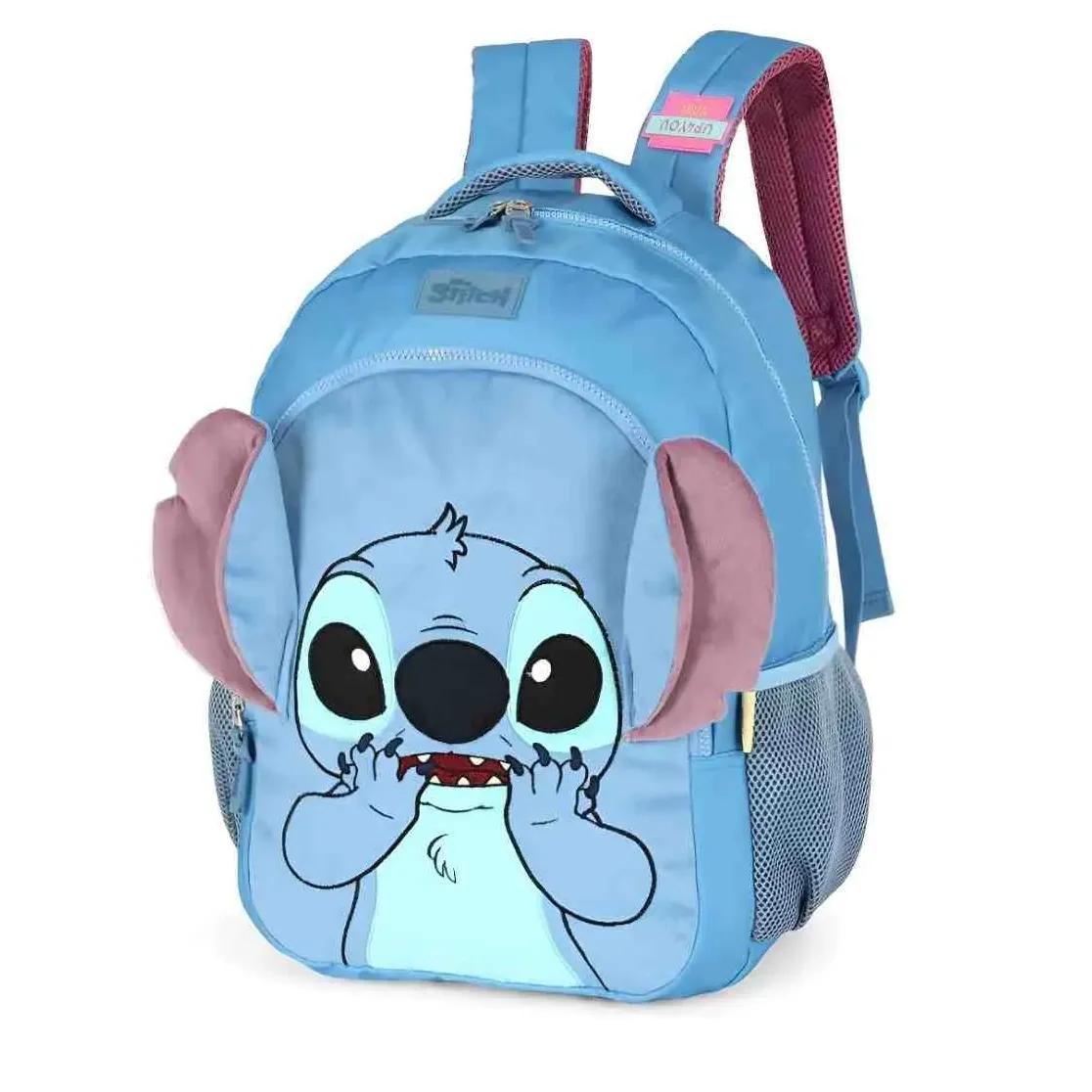 Detalhe da mochila Luxcel infantil azul com estampa Stitch e orelhas 3D