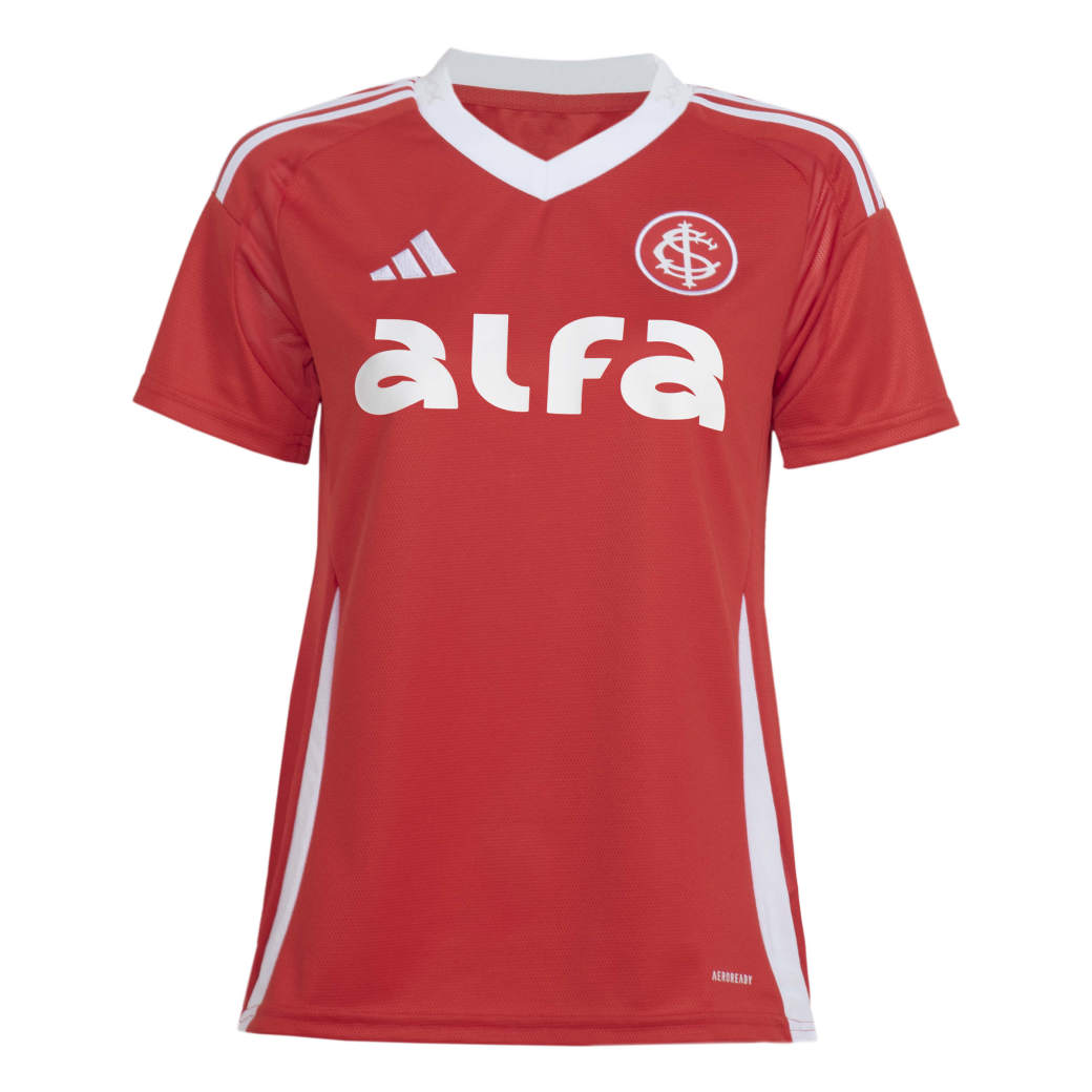 Camisa feminina Internacional Adidas vista frontal destacando detalhes do tecido e escudo retrô