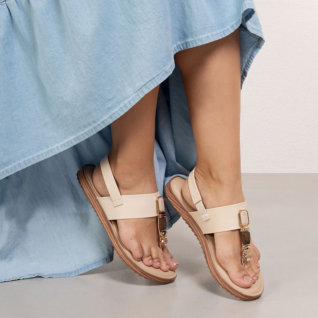 Sandália Rasteira Pedras Creme Modare Feminina Paquetá