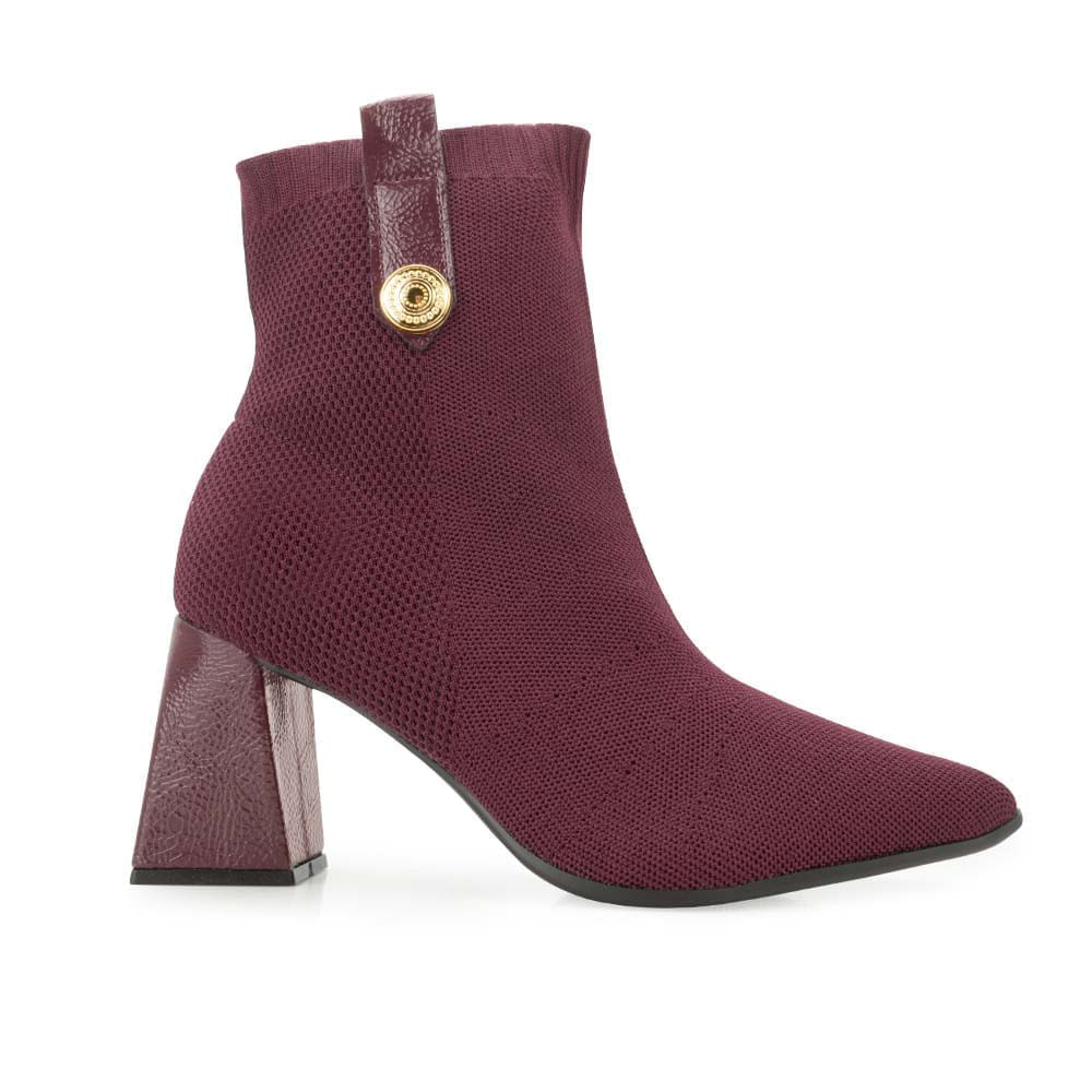 Bota Bebecê Cano Curto Knit Salto Bloco Feminina Vinho