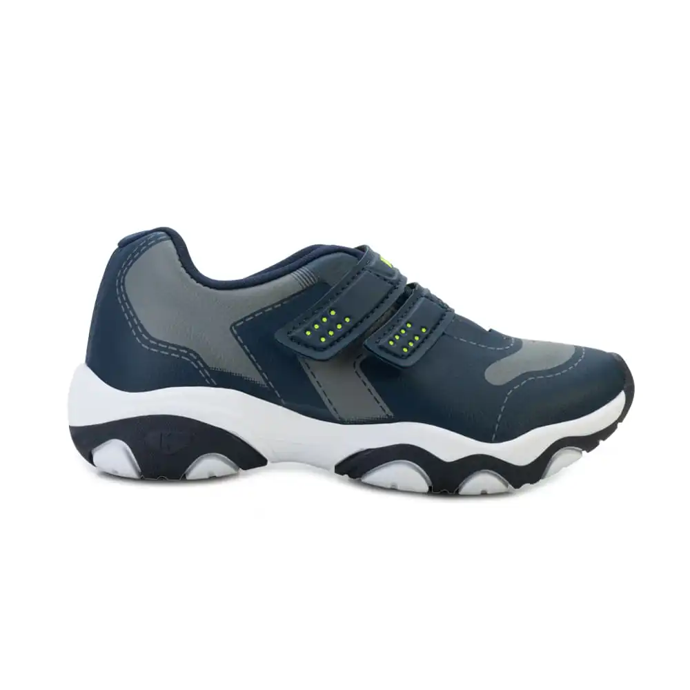 Tênis infantil masculino Kidy com detalhes em amarelo neon e fechamento em velcro