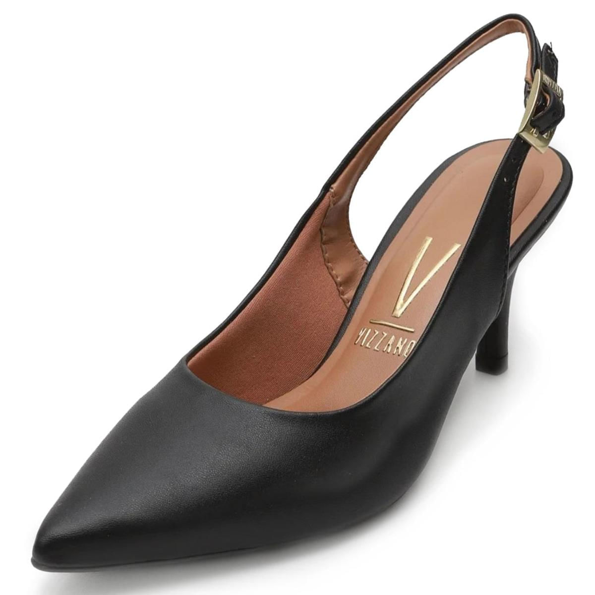 Vista lateral do sapato feminino preto Vizzano com salto fino e fivela