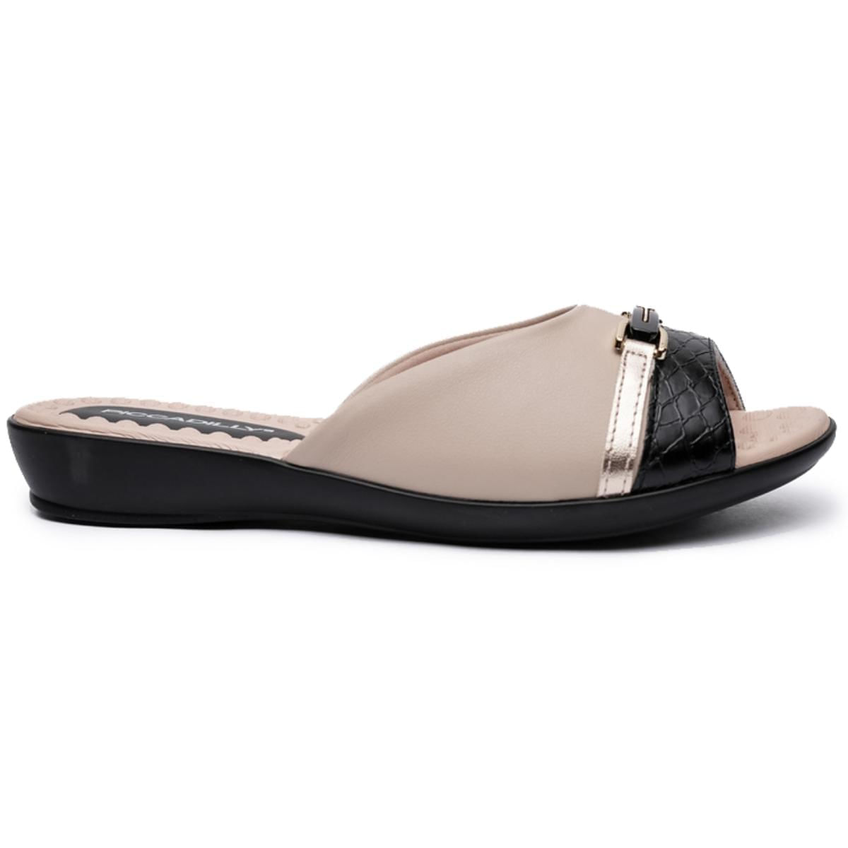 Tamanco feminino Piccadilly cor bege em napa stretch soft com design confortável
