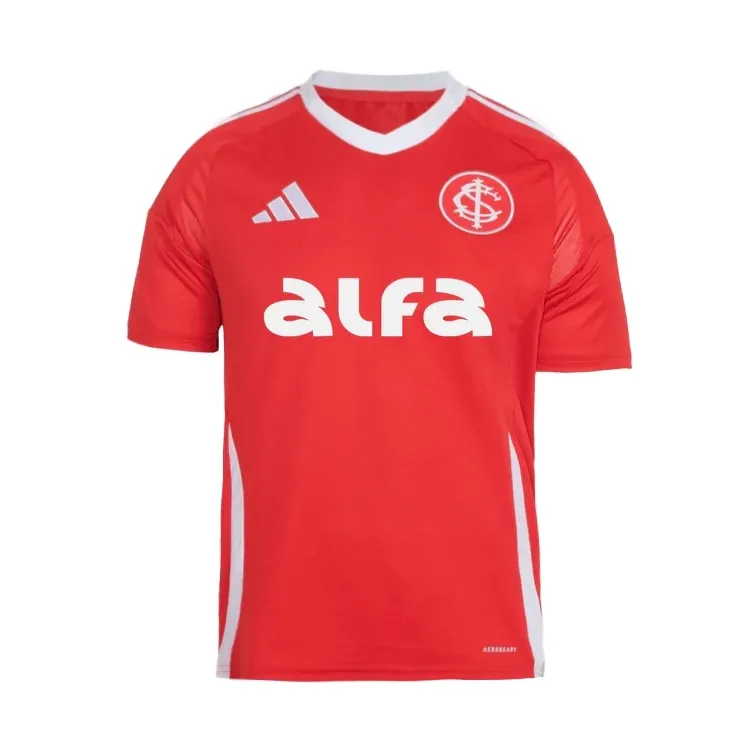 Camisa infantil vermelha Adidas SC Internacional 25/26 vista frontal com detalhes em branco