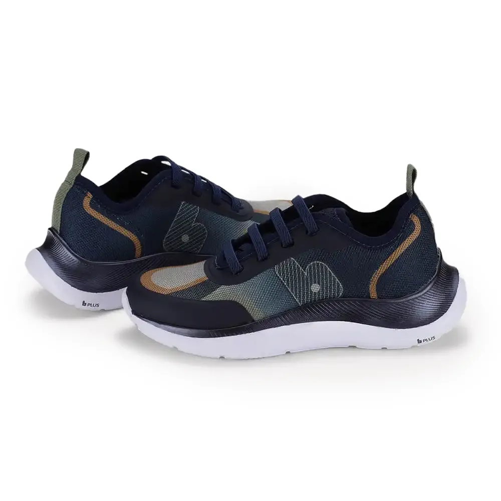 Tênis infantil Bibi Action azul marinho com detalhes em cinza e marrom, vista traseira e lateral dos tênis.