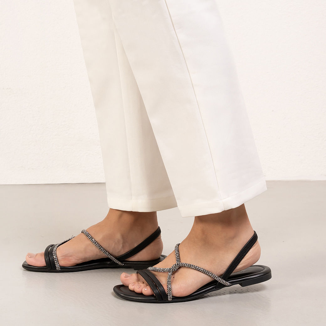 Sandália Feminina Rasteira Elástico Brilho Dakota Preta Oscar