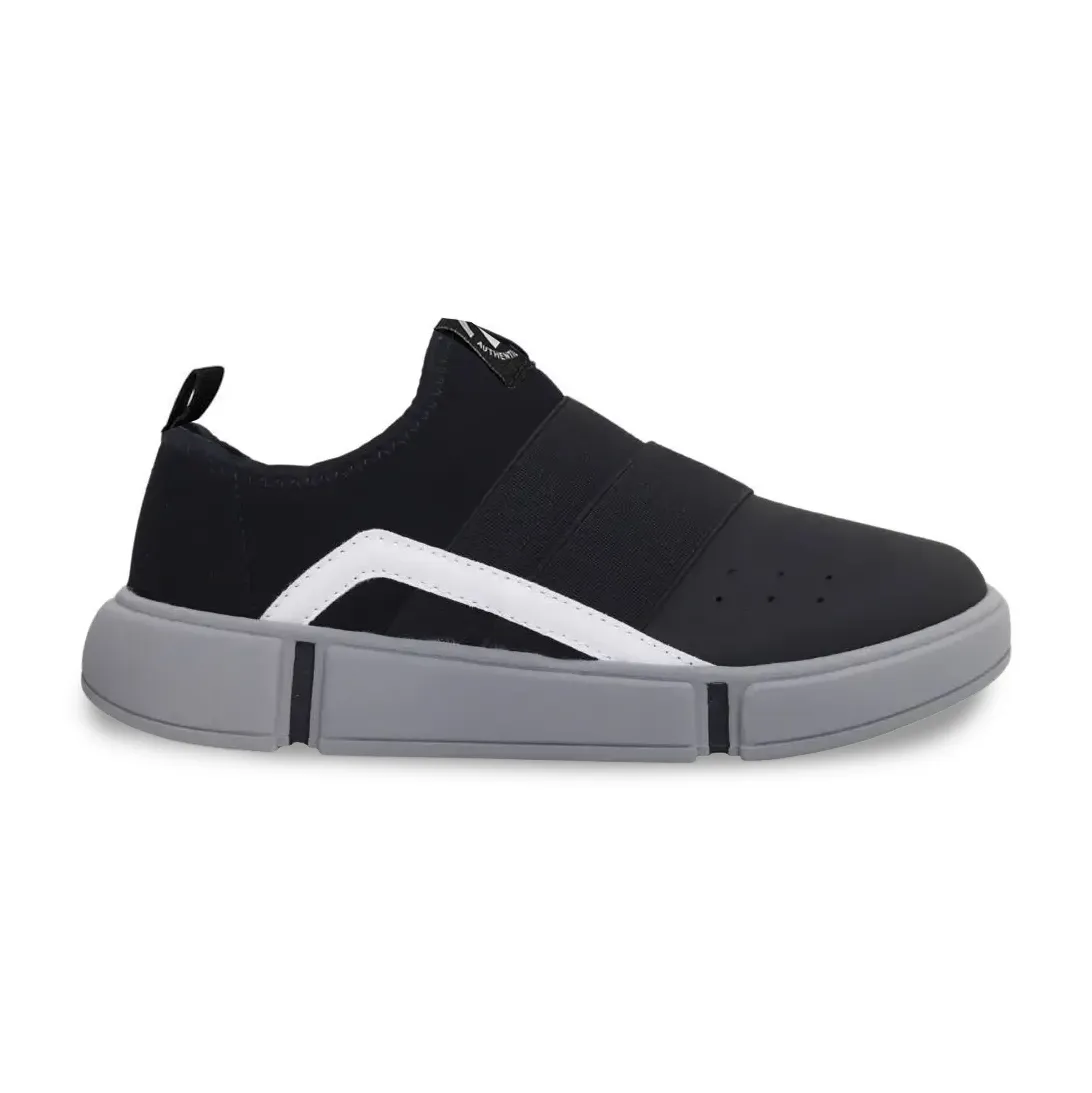 Tênis Molekinho slip on masculino infantil preto com detalhes brancos e cinza vista lateral frontal
