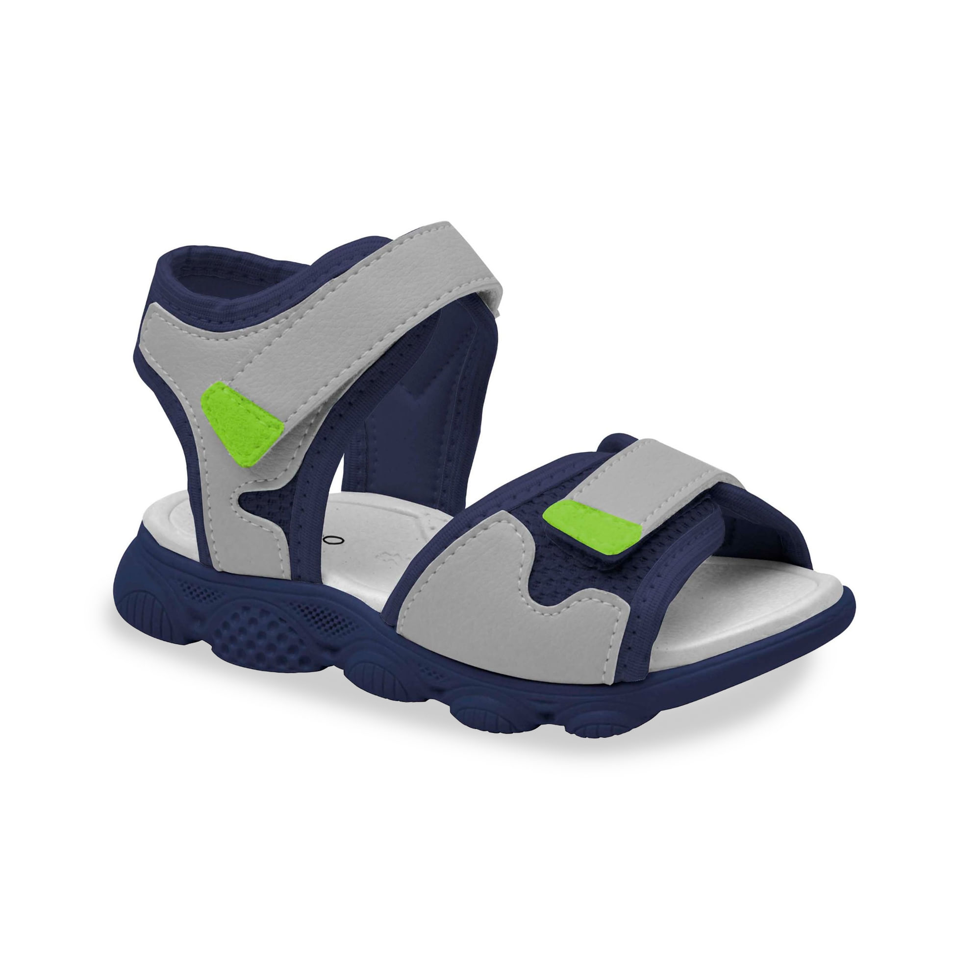 Sandália infantil masculina Ortofino modelo Papete casual na cor marinho com detalhes em cinza e verde fluorescente.