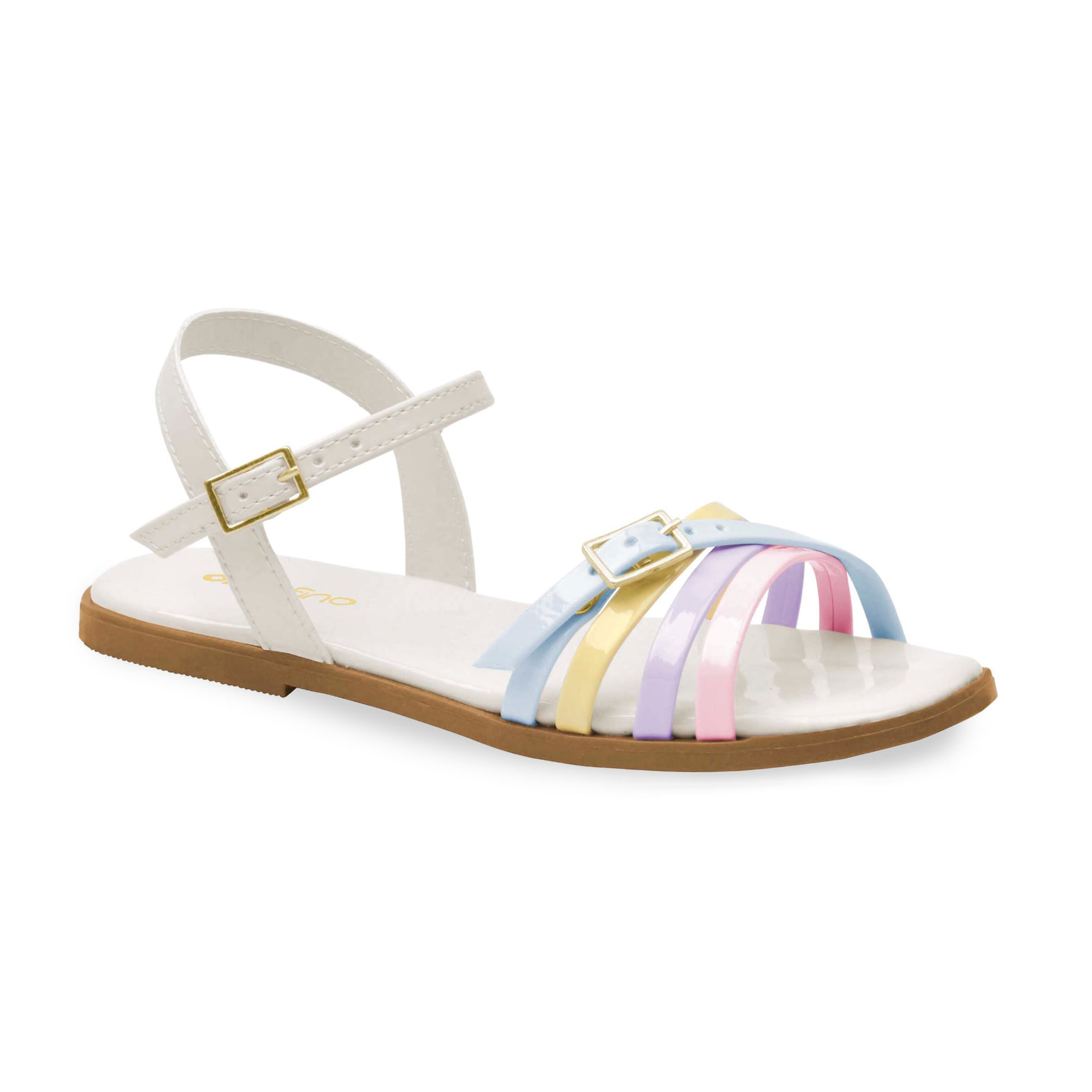 Sandália infantil Ortofino off white verniz vista frontal para ajuste e conforto