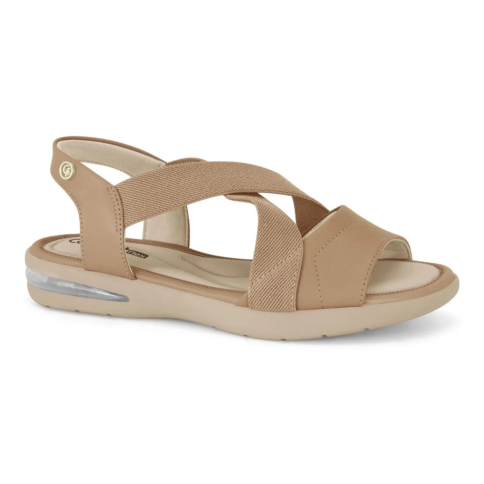 Sandália Comfortflex feminina bege com tiras cruzadas e sola de borracha antiderrapante