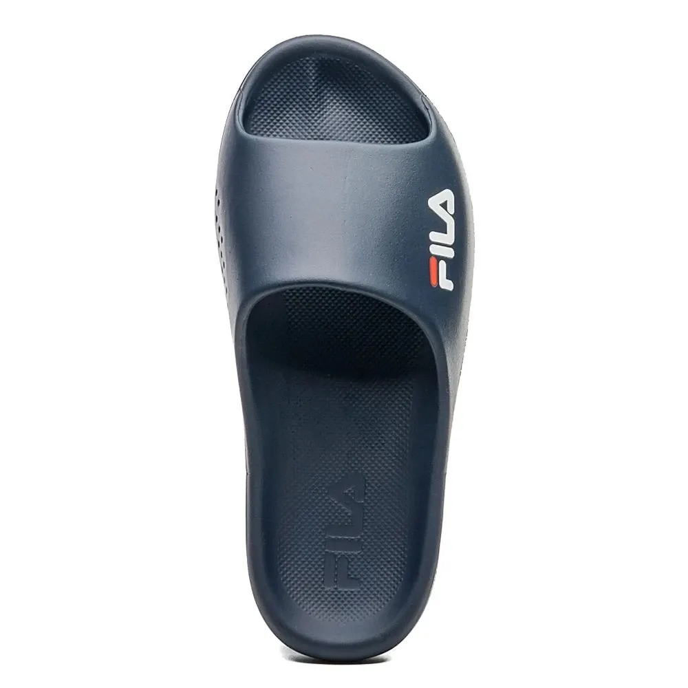 Chinelo Fila Drifter Foam Masculino Marinho visto de lado mostrando logo e sola com espuma ultra