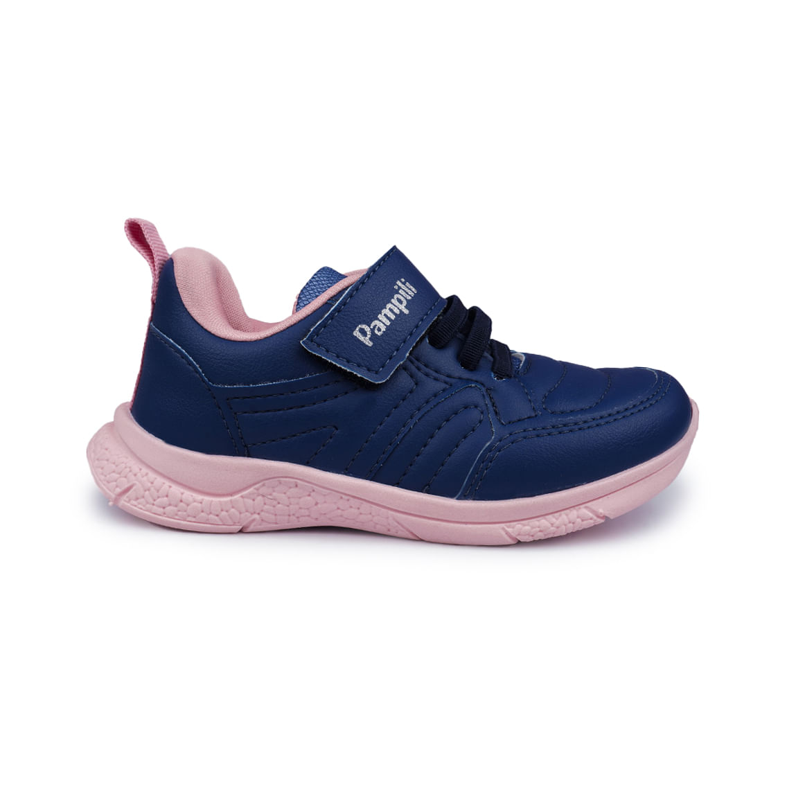 Tênis infantil feminino Pampili cor marinho com detalhes rosa, fechamento em velcro e cadarço, solado emborrachado