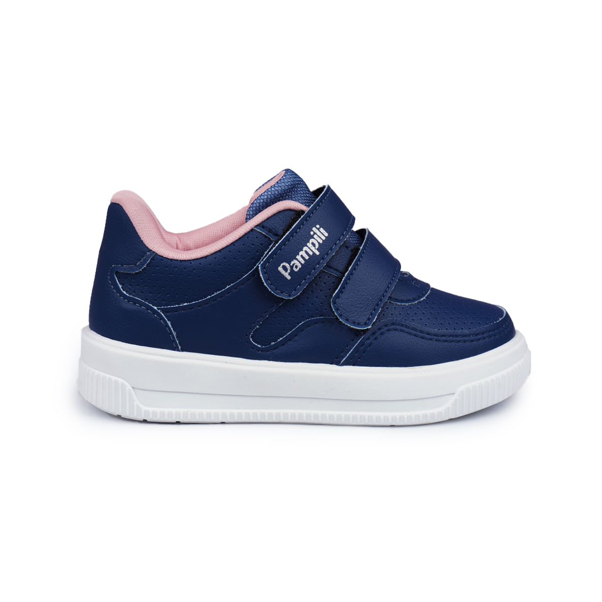 Tênis infantil feminino Pampili azul marinho com fechamento em velcro, vista lateral