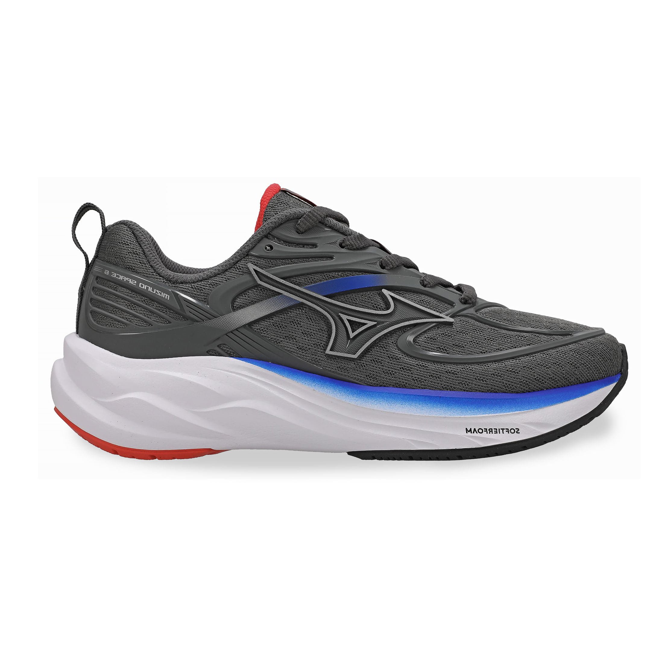 Tênis infantil Mizuno Space 6 Junior na cor chumbo, design moderno e esportivo com solado branco e azul