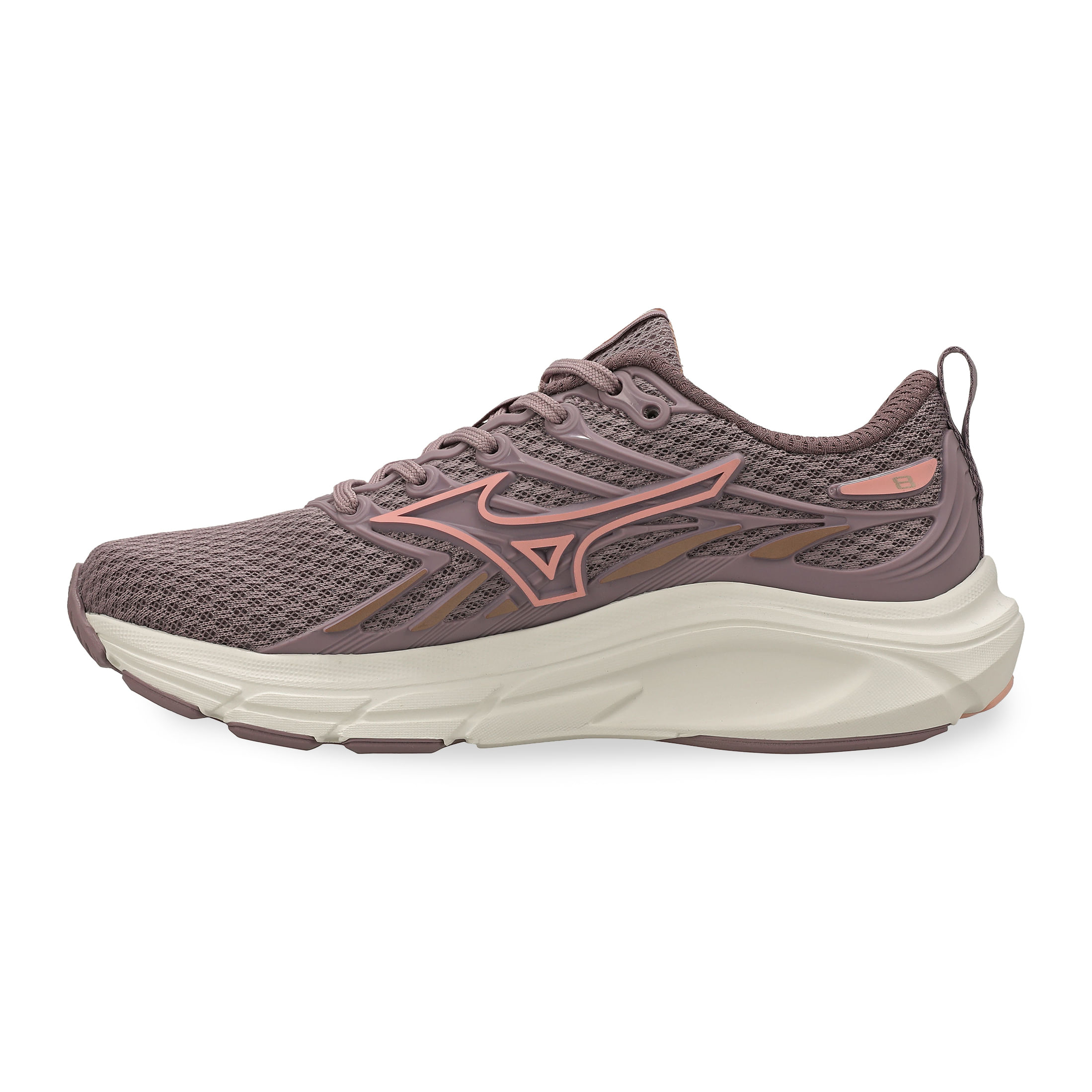 Vista lateral do tênis infantil Mizuno lavanda com detalhes em rosa e sola branca