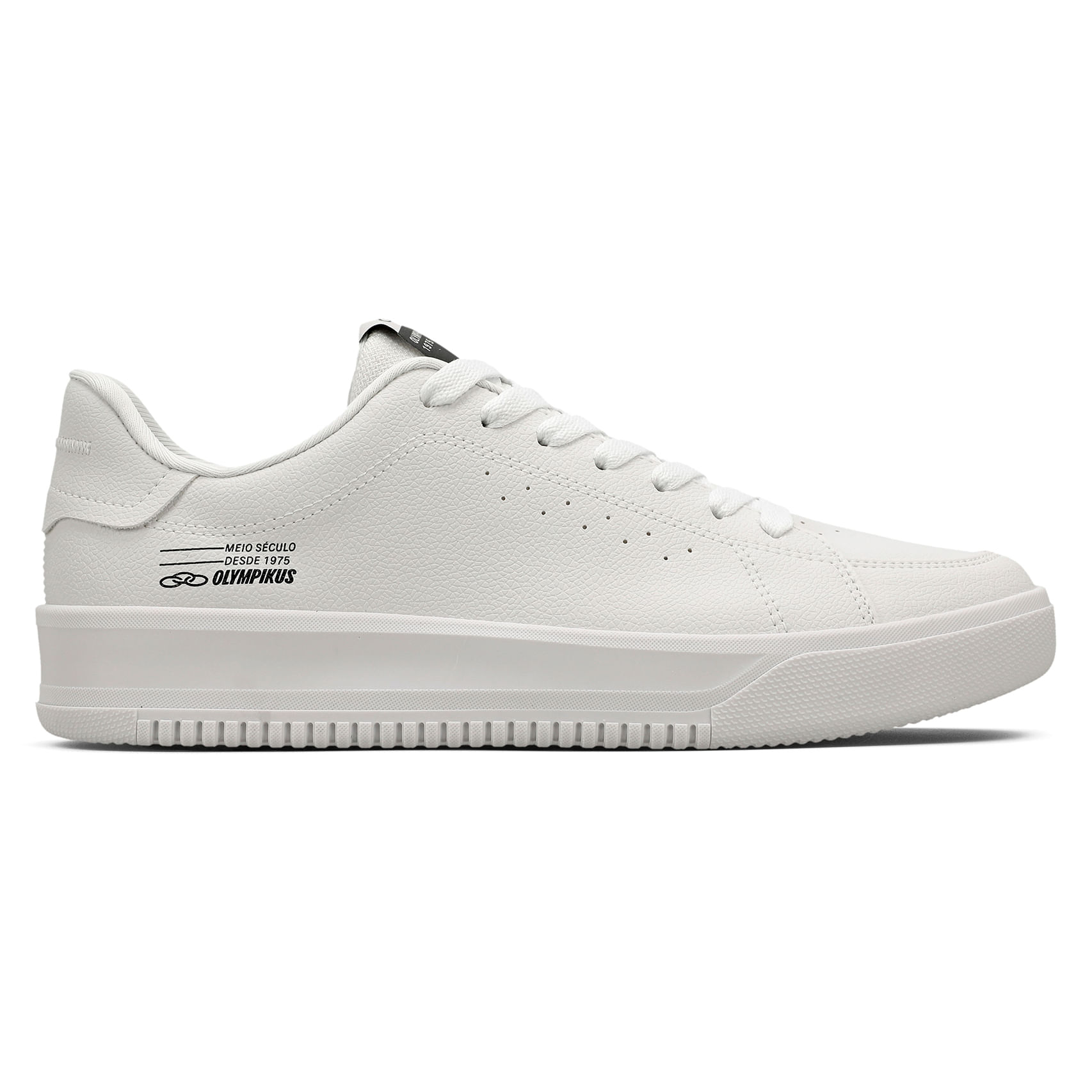 Tênis Olympikus Eros masculino branco com design minimalista, detalhes em preto e logo na lateral