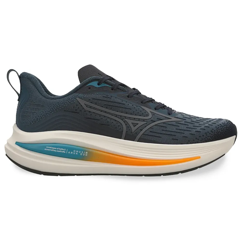 Tênis de corrida masculino Mizuno Neo Aura na cor petroleo, vista lateral com detalhes do solado e design ventilado