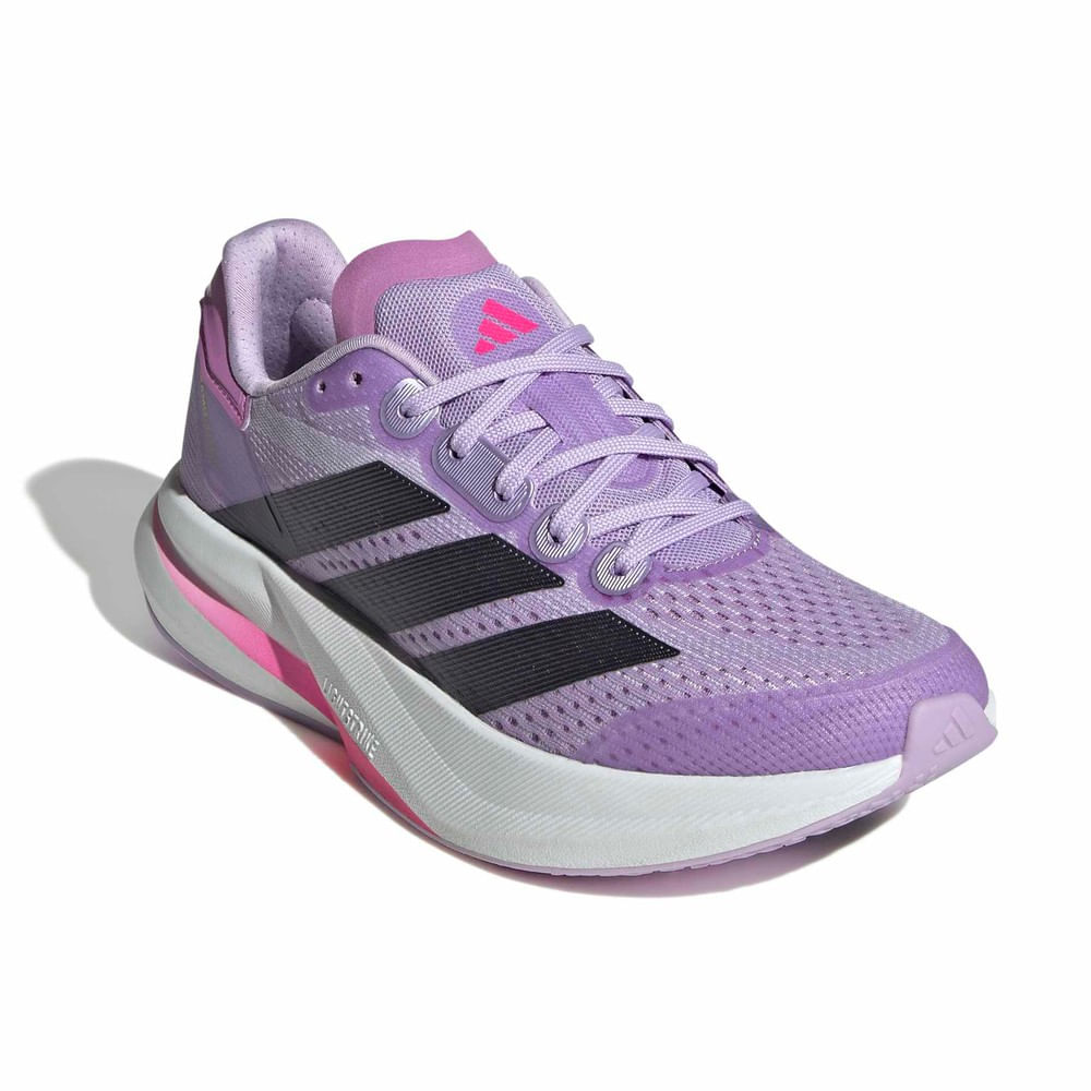Tênis Adidas Duramo Speed 2 feminino roxo vista frontal destacando logotipo Adidas