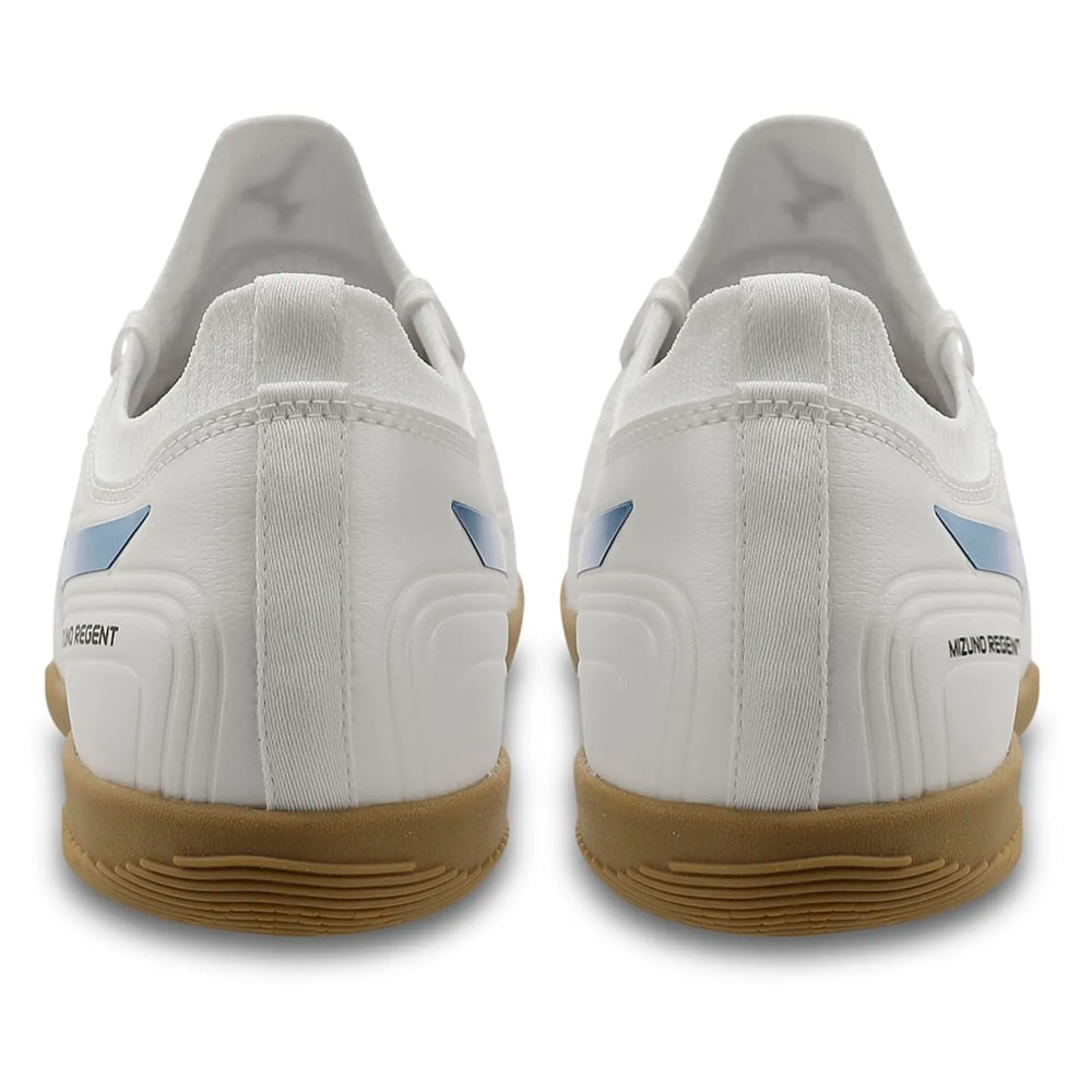 Perfil lateral esquerdo da chuteira Mizuno Regent juvenil branca com logo azul