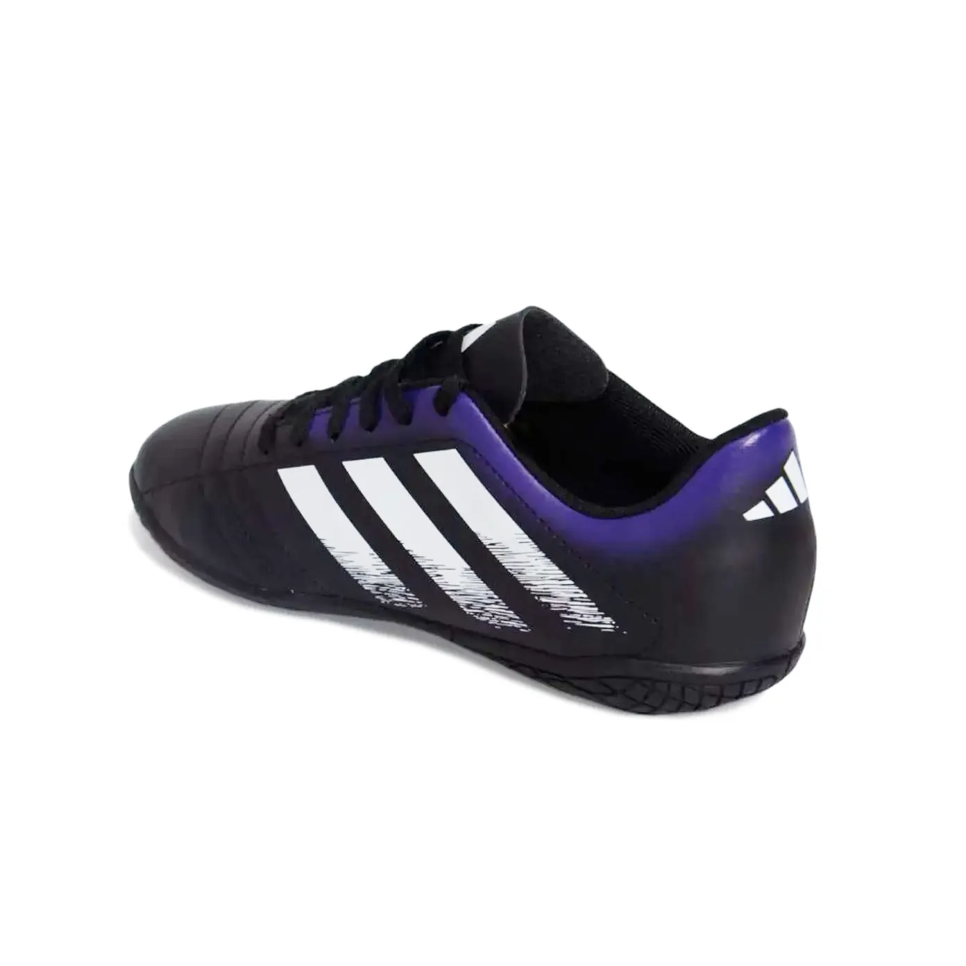 Chuteira de futsal Adidas Rabisco Jr juvenil vista frontal-lateral destacando cadarços e design moderno