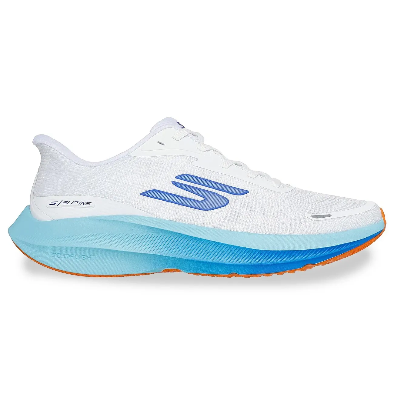 Tênis Skechers Aero Pulse masculino branco com detalhes em azul e laranja, vista lateral