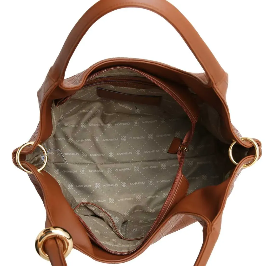 Interior da bolsa Chenson marrom mostrando forro personalizado e bolsos internos organizadores