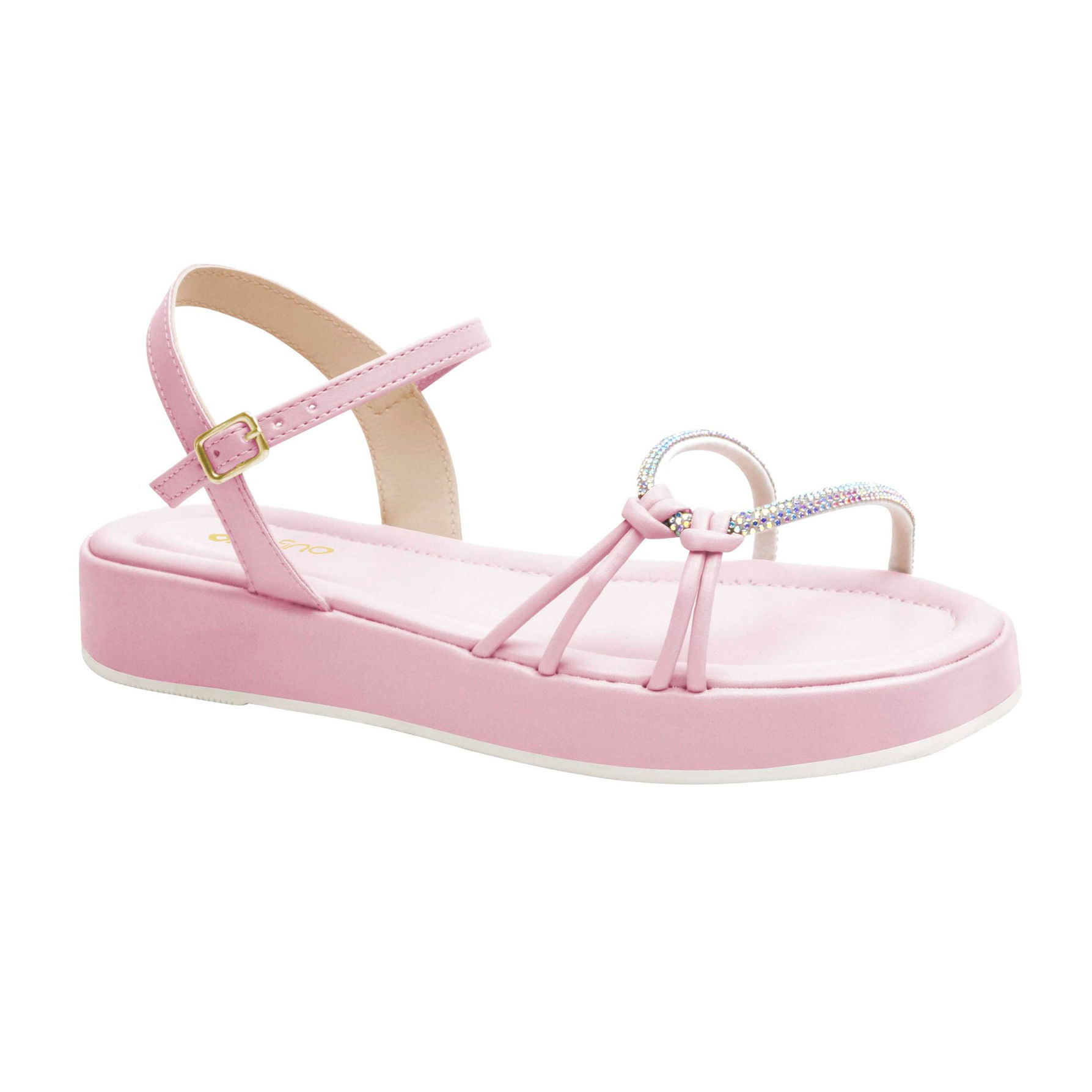 Vista lateral da sandália juvenil rosa Ortofino com fechamento em velcro