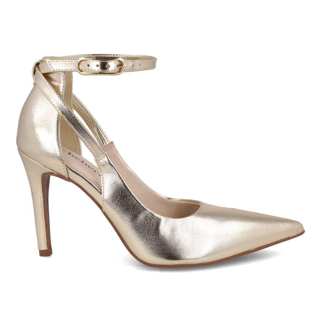 Scarpin Bebecê Palatino Feminino dourado com salto alto e tiras cruzadas em ângulo frontal